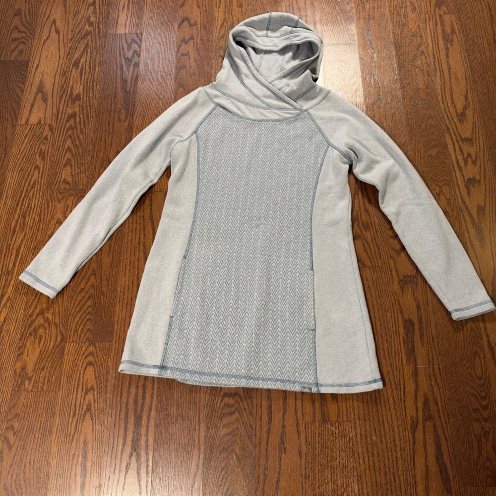Prana Womens Gray Chevron Fleece Longline Crossover Hooded Tunic Sweatshirt L